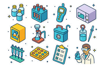 Wastewater Lab Icons. Wastewater laboratory testing. Colorful isometric vector icons set of Wastewater laboratory testing: BOD bottles, COD reactor, turbidity