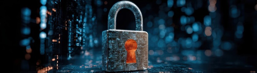 Close-up of a weathered metallic padlock with a keyhole in the center, surrounded by glowing digital data streams and bokeh light effects in dark blue tones