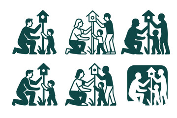 Family Garden Logos. A family spending time outdoors, tending to their garden or yard. Set Logo of A family spending time outdoors, tending to their garden or