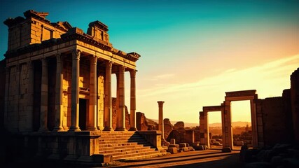 Majestic sunset over ancient ruins: timeless architecture in golden light - Powered by Adobe