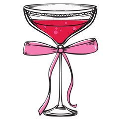 Hand drawn Red wine glass with pink ribbon. festive Holiday and New year celebration Drink outlined vector illustration.  