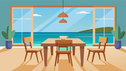 Fototapeta premium A dining room with a simple wooden table woven chairs and a large window overlooking the beach.