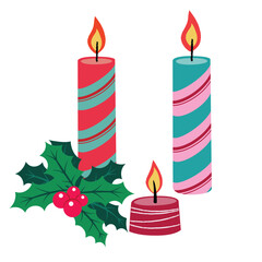 Decorated candles for Christmas celebration with holly leaves and berries. winter holiday celebration design elements.  