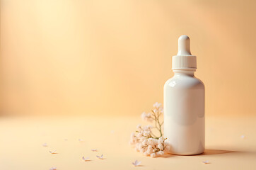 Elegant Serum Bottle with Dried Flowers and Delicate Petals on B