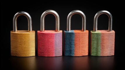 Colorful Padlocks in a Row on a Black Background Showing Security Locks and Locking Mechanisms for Safety and Security Concept