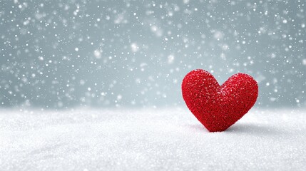 Red glitter heart on snowy background symbolizing love warmth and romance in winter holiday season
