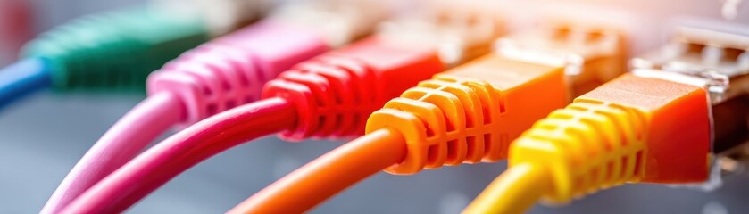 Close-up of colorful Ethernet cables connected to a network port illustrating data transfer and internet connectivity concept