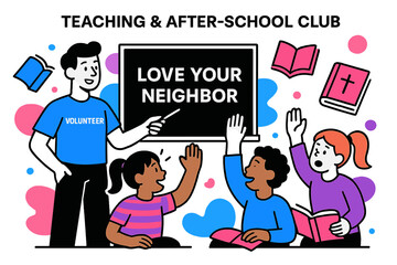 Chalkboard Lesson Moments. Teaching & After-School Club. A volunteer points to a chalkboard with ?Love Your Neighbor? in clean type; kids raise hands, books