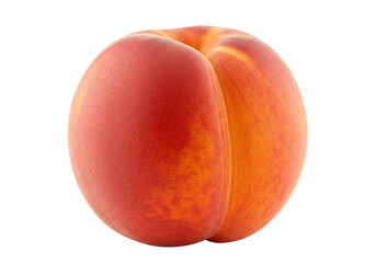 Fototapeta premium A single, ripe, fresh peach with crimson red, sunny orange, golden yellow velvety skin, isolated on a transparent background with copy space, concept of healthy eating