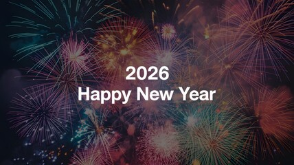 Vibrant and colorful fireworks explode in the night sky celebrating the arrival of the happy new year 2026 with a festive atmosphere