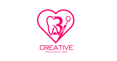Letter B with Dental Logo Design. Heart Shape Dental Logo Design.