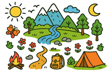 Colorful Outdoor Adventure. range. Colorful Hand-drawn doodle Children illustration range mountains, hills, trees, river, sun, clouds, birds, rocks, flowers,