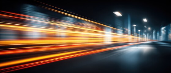 Dynamic long exposure motion blur of city street at night with streaks of light and headlights illuminating empty roadway