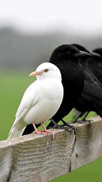 Albino jackdaw with leucism perched on a rustic wooden fence, white plumage standing out among dark flock mates as it preens, a rare corvid contrast in nature