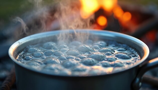 Close up of boiling water in metal pot with steam rising. Fire burns behind. Bubbles form. Food prep cooking at camp, wilderness. Adventure travel lifestyle exploring nature.