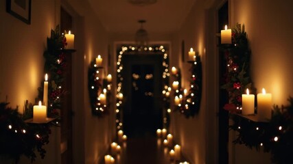 Cozy candlelit corridor with flickering candlelight and festive wreaths in a warm ambiance - Powered by Adobe