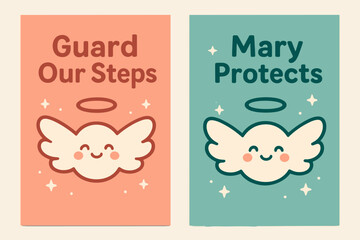 Fototapeta premium Kawaii Angelic Banners. Angelic Protection. Two vertical A6 banners with safe margins, centered composition, no elements touching edges, kawaii, coral and