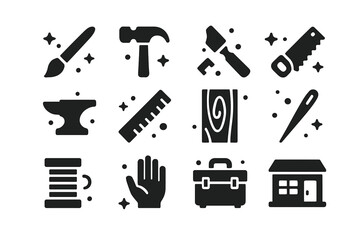Obraz premium Craft Tool Icons. Handmade Craft. Solid icons set of Handmade Craft: paintbrush, hammer, chisel, saw, anvil, ruler, wood plank, sewing needle, thread spool,