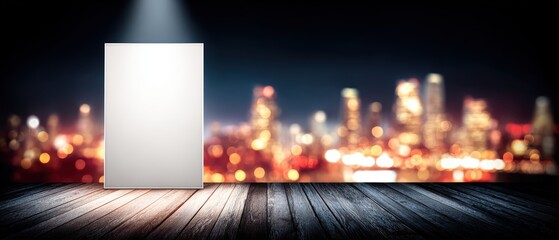 Wide open blank white door standing on wooden floor with cityscape blurred lights background at night for creative concept