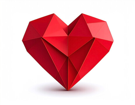 Geometric, low-poly red heart with subtle shadows on a white background - Powered by Adobe
