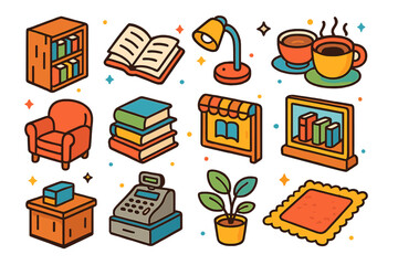 Colorful Bookshop Icons. Local bookshop. Colorful isometric vector icons set of local bookshop: bookshelf, open book, reading lamp, coffee cup, armchair, book