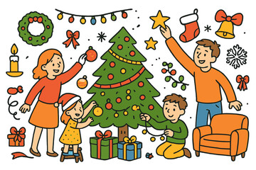 Festive Family Decorations. family decorating. Colorful Hand-drawn doodle Children illustration family decorating family, Christmas tree, ornaments, lights,