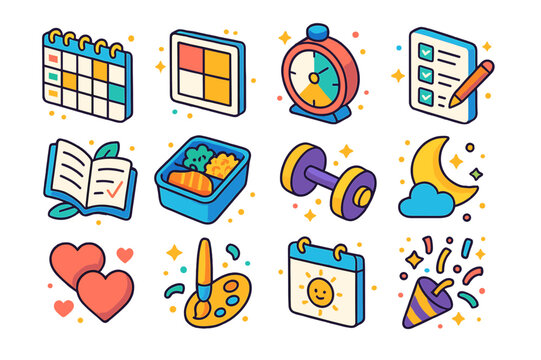 Work-Study-Gaming Icons. Work?study?gaming balance. Colorful isometric vector icons set of Work?study?gaming balance: weekly planner, priority matrix, focus