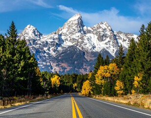 Naklejka premium Asphalt road leads to a snow-capped mountain range surrounded by fall trees