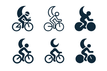 Night Cycling Logos. Night cycling. Set Logo of Night cycling: cyclist under crescent moon. harmonious logo variations of the same emblematic concept, each