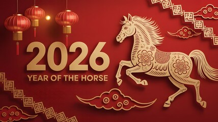 Festive 2026 year of the horse chinese new year celebration with traditional lanterns and ornate horse illustration on red background