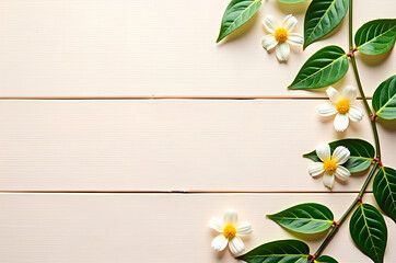 Floral Border on Wooden Surface: Natural Spring Arrangement with