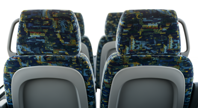 Closeup of empty bus seats isolated on transparent background, showcasing the clean and modern design of public transportation seating arrangement