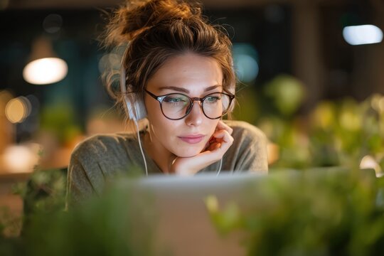 Focused remote worker on conference call in cozy workspace with greenery
