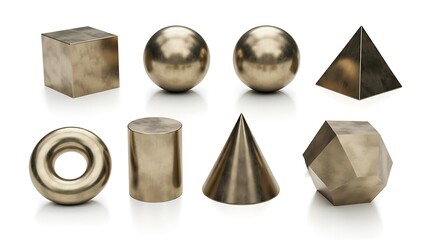 Geometric shapes isolated on white background cube, sphere, pyramid, torus, cylinder, cone, and octahedron, arranged in a row, showcasing mathematical forms and spatial relationships