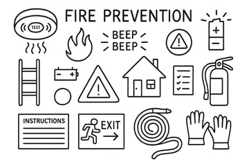 Fire Safety Doodle Icons. Fire Prevention. Hand-drawn doodle illustration Fire Prevention smoke detector, flames, alarm sound, battery, ladder, test button,