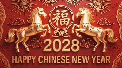 Golden horses and fireworks celebrate the 2028 chinese new year with a traditional fu character symbol for good fortune
