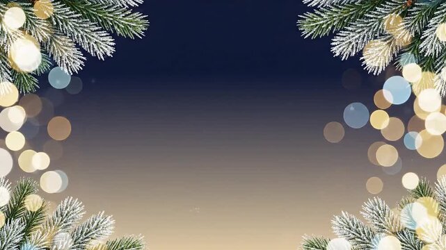 new year background with snowy fir branches and gold bokeh on top and bottom
