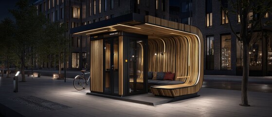 Modern bus shelter with wooden interior design and curved architecture illuminated at night in an urban setting