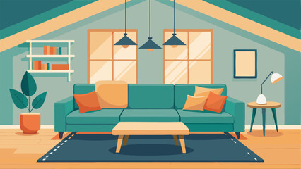 A cozy loft space with a large sectional sofa warm throw pillows and a reclaimed wood coffee table. © Justlight