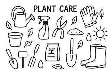 Essential Plant Care Tools. Plant care. Hand-drawn doodle illustration plant care watering can, spray bottle, gloves, pruning shears, pot, leaves, fertilizer