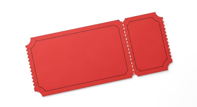 A blank red ticket isolated on white background, perfect for adding your own text and graphics for events, raffles, or promotions, offering a versatile design element