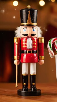 Classic wooden nutcracker soldier figurine, representing the spirit of Christmas, is displayed atop a table as faux snowflakes drift down gently around it