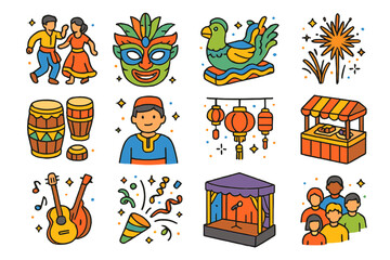Cultural Festival Icons. Cultural festivals. Colorful isometric vector icons set of cultural festivals: traditional dance, festival mask, parade float,