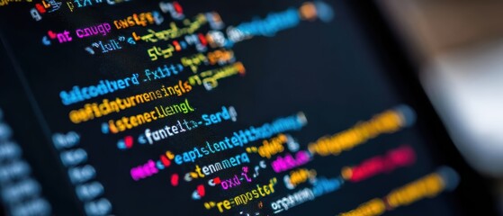 Close-up of colorful computer code on monitor, programming language syntax highlighting for software development and coding concepts