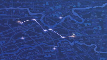 Glowing Navigation Route with Multiple Path Options on Dark Blue Digital City Map. Vector illustration.