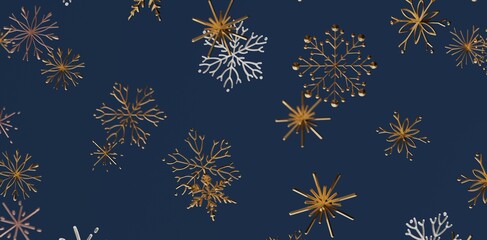 Abstract and elegant winter background with gold, white snowflakes on a deep blue backdrop. Perfect for seasonal designs, Christmas decor, and f