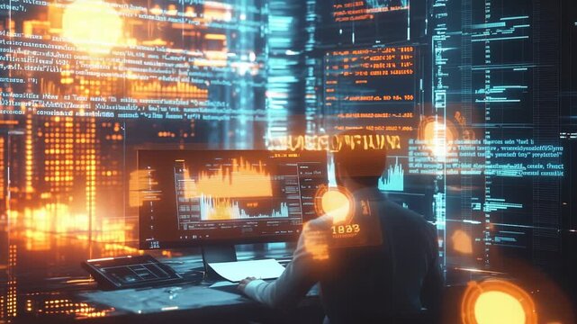 Person working at computer with digital data and code glowing in dark office