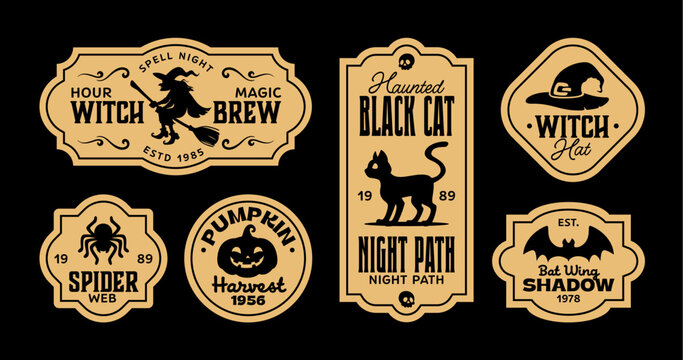 Halloween potion labels of witch silhouette and hat, round pumpkin face, hanging spider, black cat and wide bat wings. Halloween potion vector labels ornamental frames, small dates and serif lettering