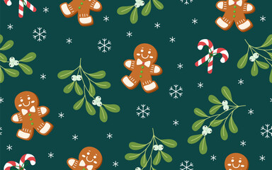Seamless Christmas pattern with gingerbread cookies, candy canes, mistletoe, and snowflakes.