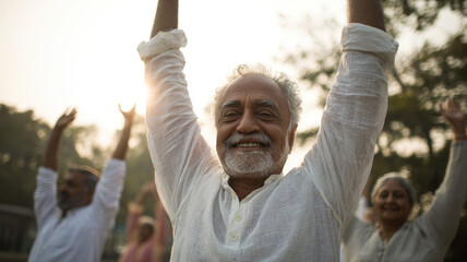 Joyful Elderly Man Practicing Yoga Outdoors with Seniors in Morning Sun